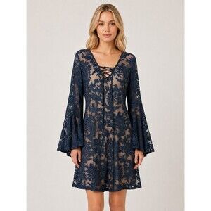 Bronte Everly Navy Blue Lace Bell Sleeve Mini Dress Women's Small wedding guest